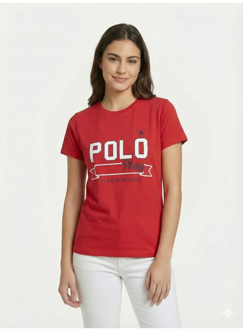 لعب البولو تيشيرت نسائي برسومات - أحمر